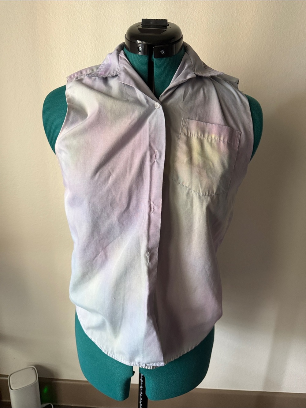 Miss Tulane sleeveless tie dye purple rainbow button up blouse top